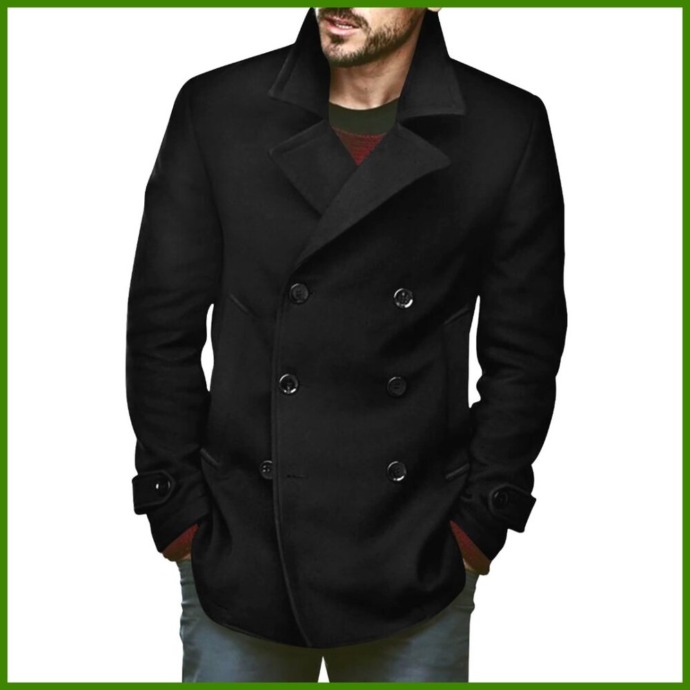 Classic Business Pea Coat Winter Warm Double Breasted Heavyweight Trench